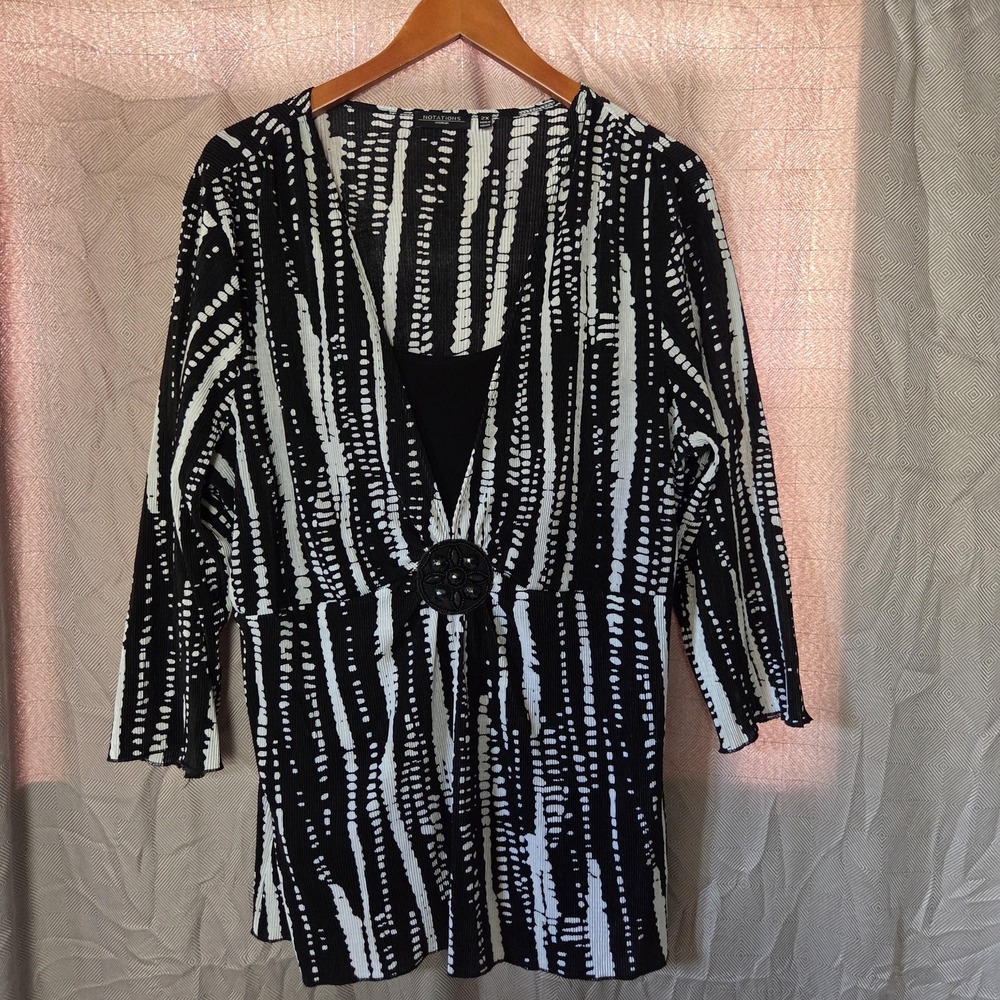 Notations Tunic Blouse Womens 2X Black Striped V Neck 3/4 Sleeve Top